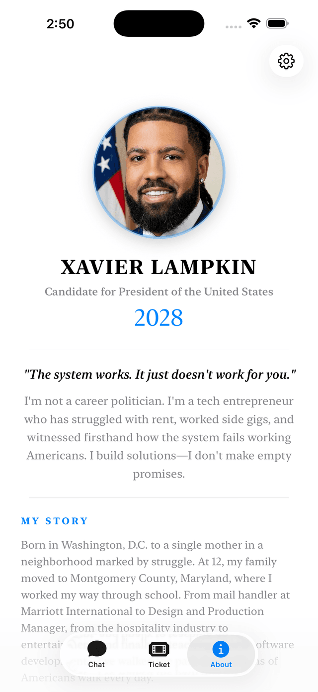 Lampkin 2028 app — about Xavier Lampkin, candidate for President of the United States 2028
