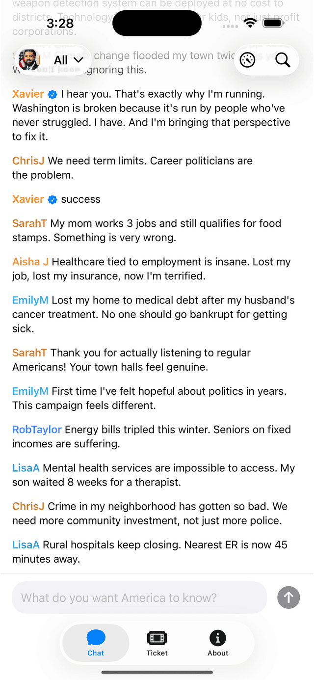 Lampkin 2028 app — live chat feed where voters discuss issues directly with Xavier Lampkin