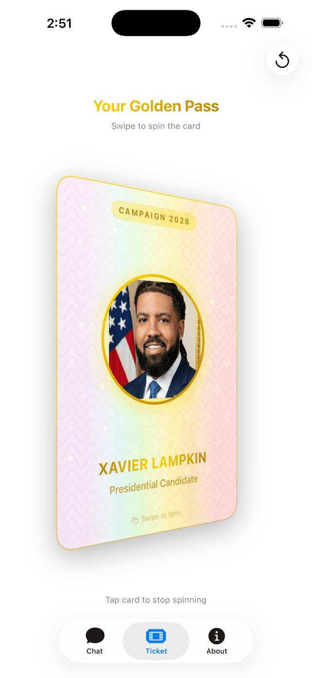 Lampkin 2028 app — exclusive Golden Pass campaign card for Xavier Lampkin supporters